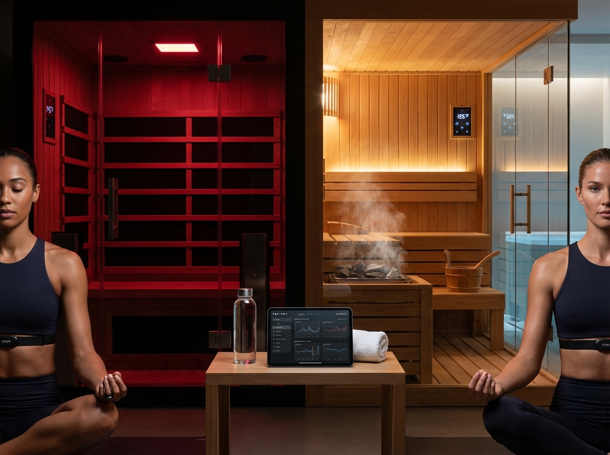 Split scene showing a modern infrared sauna with glowing red panels and an athlete wearing a heart rate monitor opposite a traditional wooden Finnish sauna with steam a bucket and a cold plunge tub visible nearby