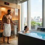Athlete moving from a glowing infrared sauna to a blue cold plunge tub in a modern wellness facility showing temperature displays