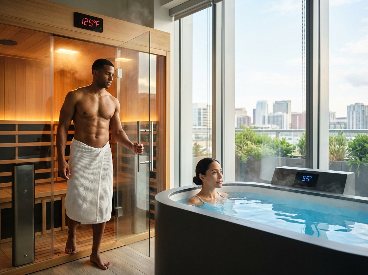 Athlete moving from a glowing infrared sauna to a blue cold plunge tub in a modern wellness facility showing temperature displays