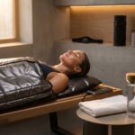 Athlete relaxed inside an infrared sauna blanket in a modern home gym with warm lighting and nearby recovery gear