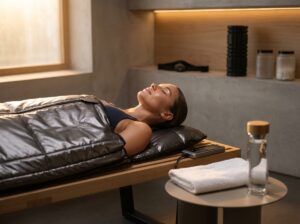 Athlete relaxed inside an infrared sauna blanket in a modern home gym with warm lighting and nearby recovery gear