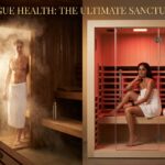 Split-image of a traditional steam sauna and a glowing infrared sauna with two athletic adults preparing to use them alongside water bottle towel and heart rate monitor