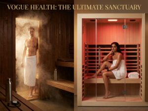 Split-image of a traditional steam sauna and a glowing infrared sauna with two athletic adults preparing to use them alongside water bottle towel and heart rate monitor