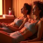 Person relaxing in a modern infrared sauna with digital thermometer, water bottle and towel