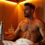 Athlete sitting in a modern infrared sauna towel on with water bottle and wearable heart rate monitor nearby suggesting post‑drinking recovery and sauna therapy