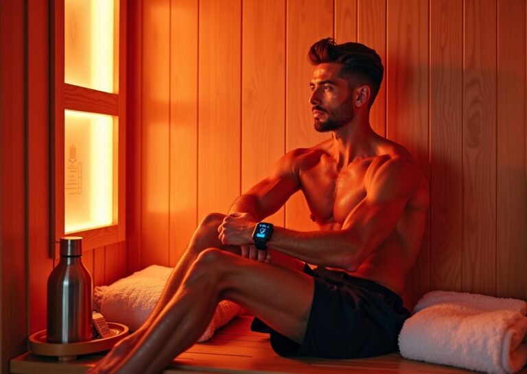 Athlete using a modern infrared sauna with glowing panels, smartwatch displaying heart rate, water bottle and electrolytes nearby