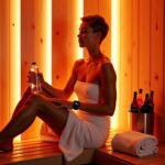 Athlete in modern infrared sauna with glowing panels, towel, water bottle and smartwatch showing heart rate, warm cinematic lighting