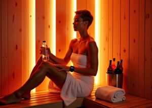 Athlete in modern infrared sauna with glowing panels, towel, water bottle and smartwatch showing heart rate, warm cinematic lighting