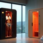Side-by-side photo of a portable pop-up infrared sauna and a wooden infrared cabin with an athlete seated in the portable unit, towels and water bottle nearby, conveying comparison of mobility versus permanence for recovery and longevity.