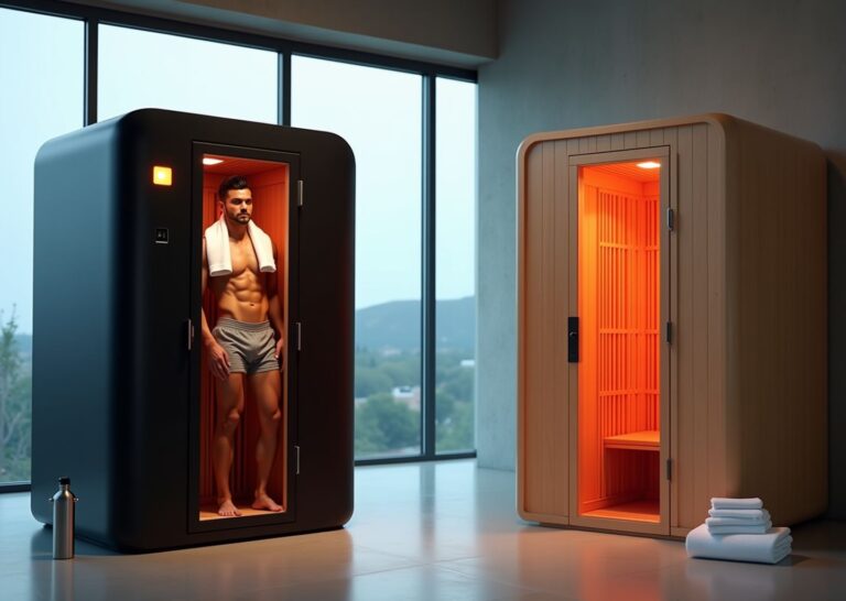 Side-by-side photo of a portable pop-up infrared sauna and a wooden infrared cabin with an athlete seated in the portable unit, towels and water bottle nearby, conveying comparison of mobility versus permanence for recovery and longevity.