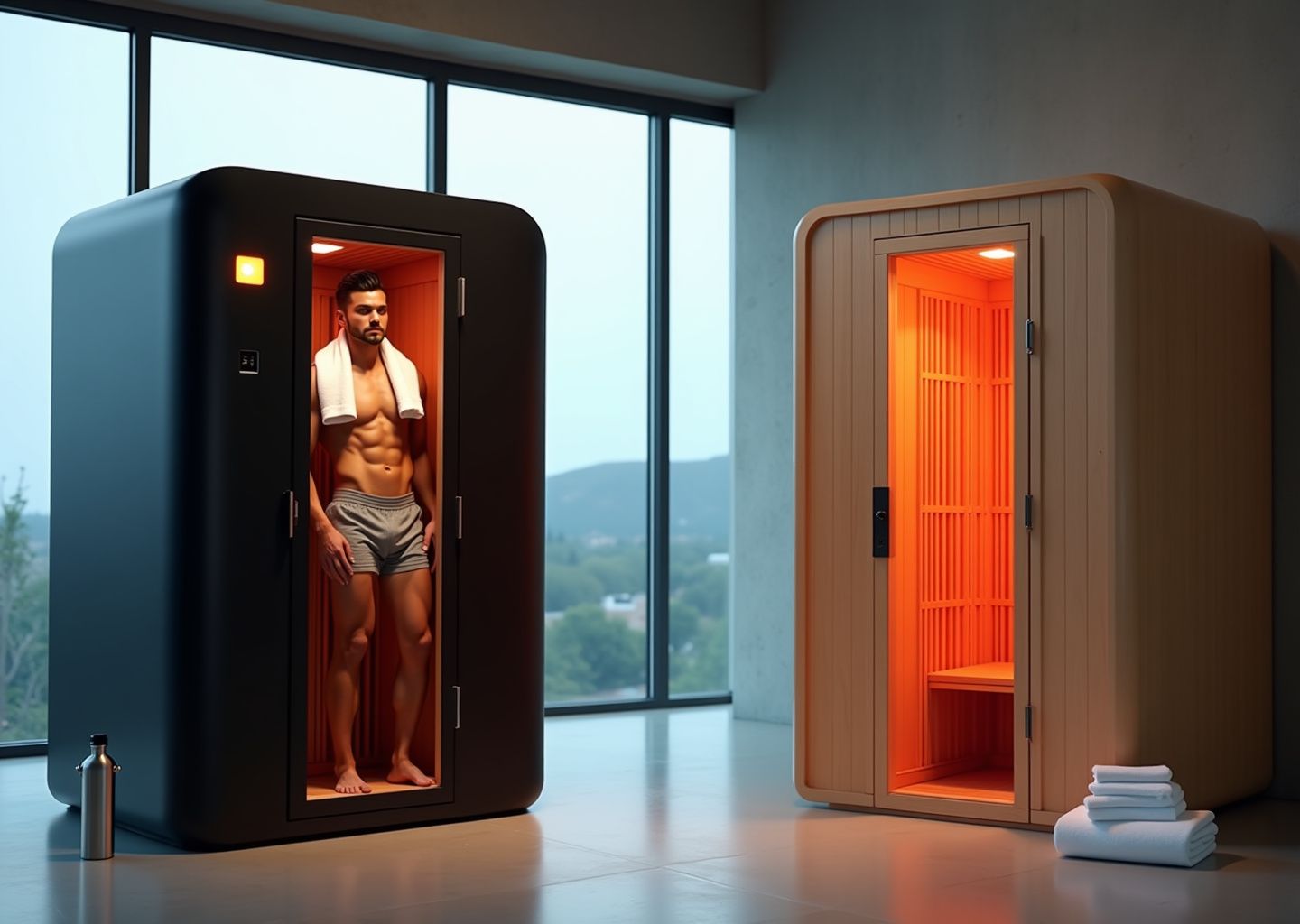 Side-by-side photo of a portable pop-up infrared sauna and a wooden infrared cabin with an athlete seated in the portable unit, towels and water bottle nearby, conveying comparison of mobility versus permanence for recovery and longevity.