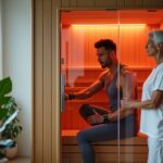 Two adults in an infrared sauna: an athlete stretching a knee and an older person seated, warm red infrared glow visible, wellness studio background