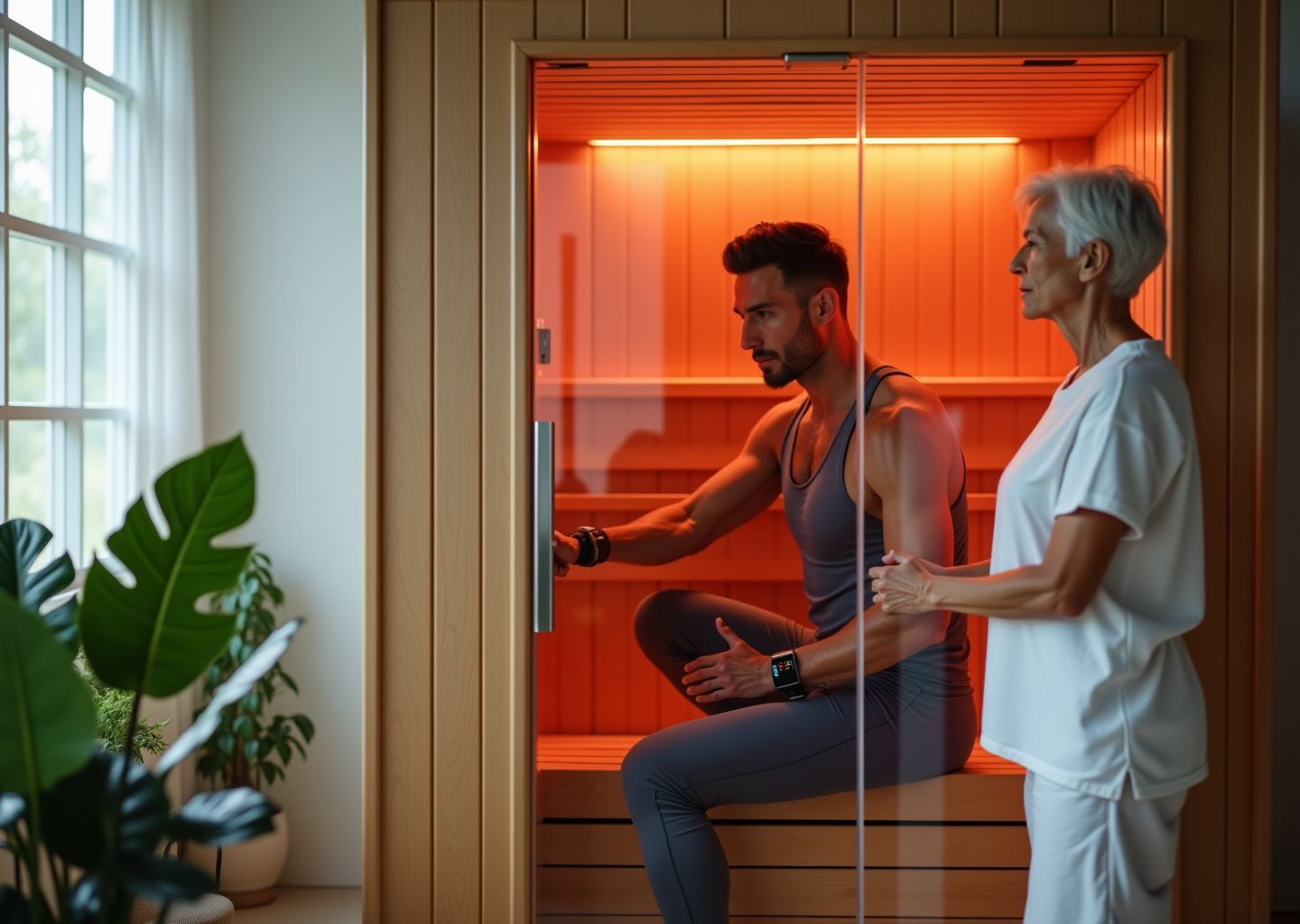 Two adults in an infrared sauna: an athlete stretching a knee and an older person seated, warm red infrared glow visible, wellness studio background