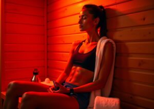 Person in a wood-paneled infrared sauna with red light therapy panel nearby, towel and water bottle at their side, wearing a wrist heart rate monitor, warm ambient glow highlighting skin and recovery devices