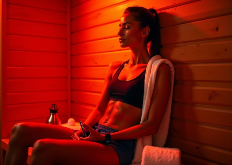 Person in a wood-paneled infrared sauna with red light therapy panel nearby, towel and water bottle at their side, wearing a wrist heart rate monitor, warm ambient glow highlighting skin and recovery devices